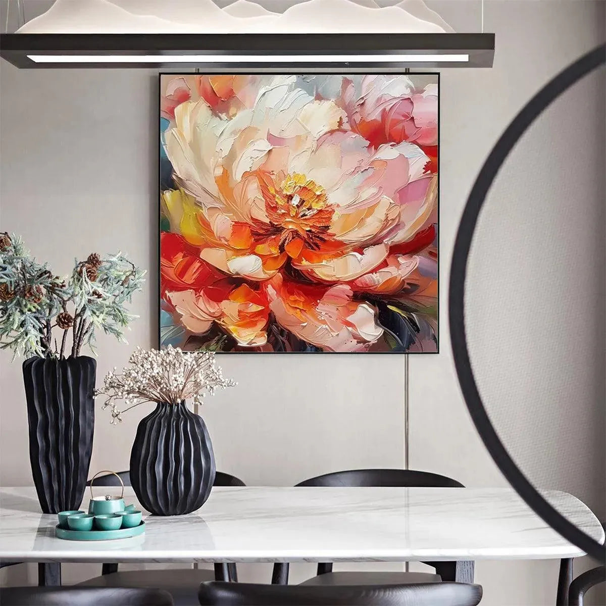 BLOOMING PEONY: Textured Impasto Peony Painting in Pink and Orange - Image 8