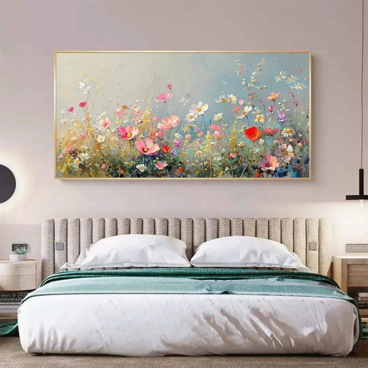 WILD MEADOW: Panoramic Floral Landscape Painting in Pink and White - Image 7