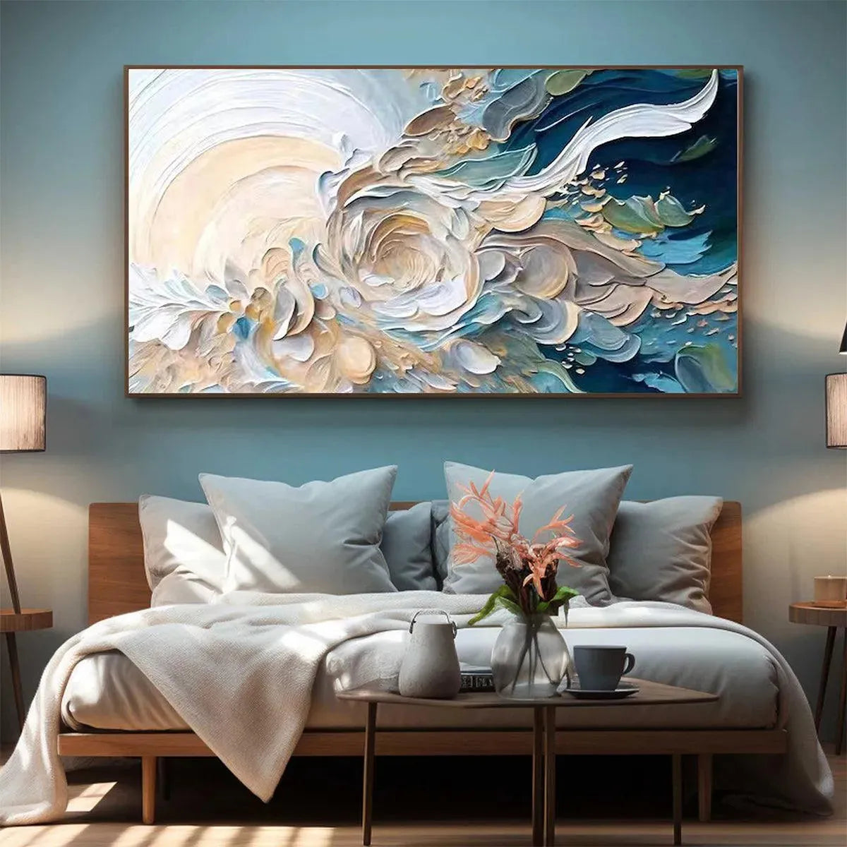 OCEANIC BLOOM: Textured Abstract Floral Painting in Blue and Beige - Image 8