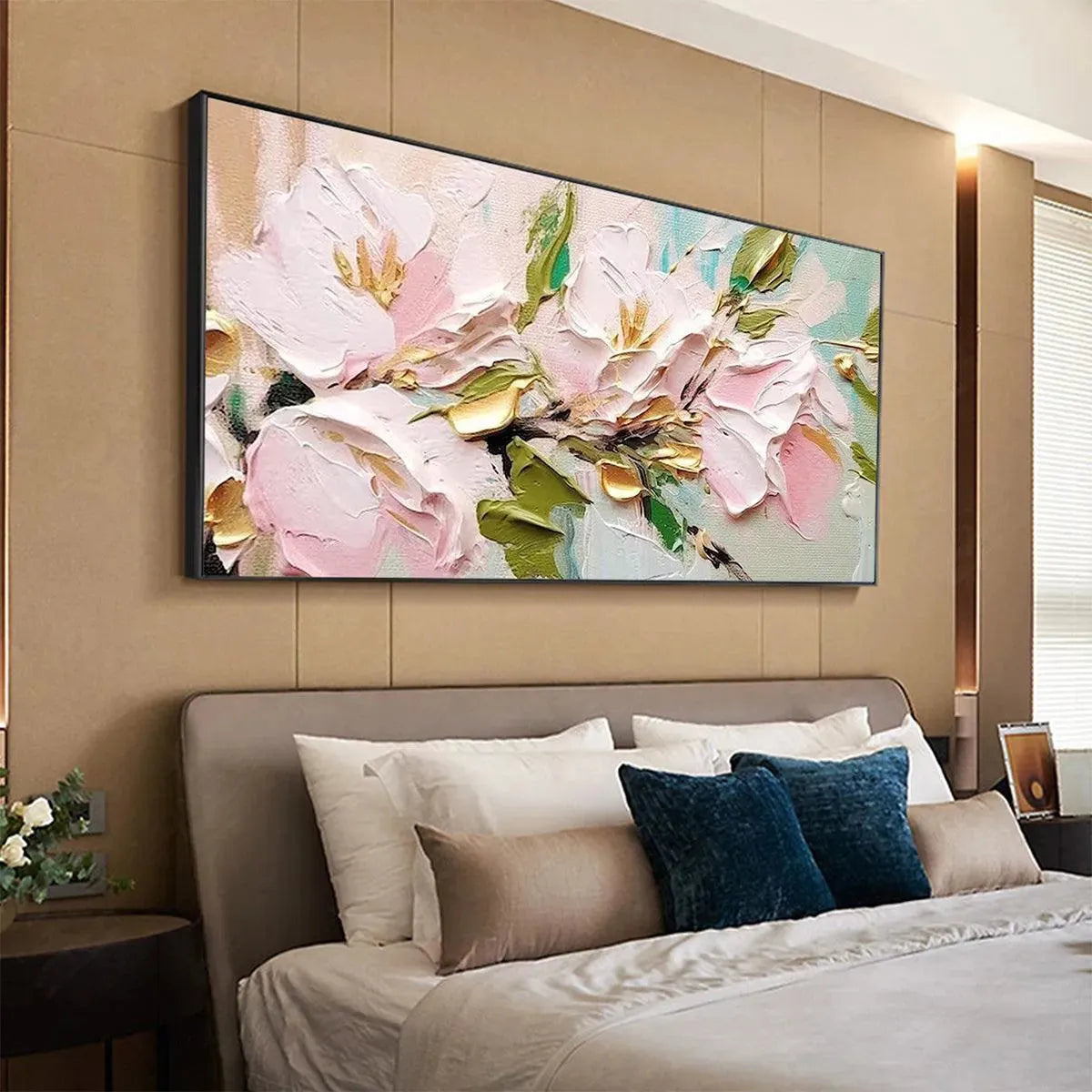GOLDEN BLUSH: Textured Pink and Gold Floral Impasto Painting - Image 8