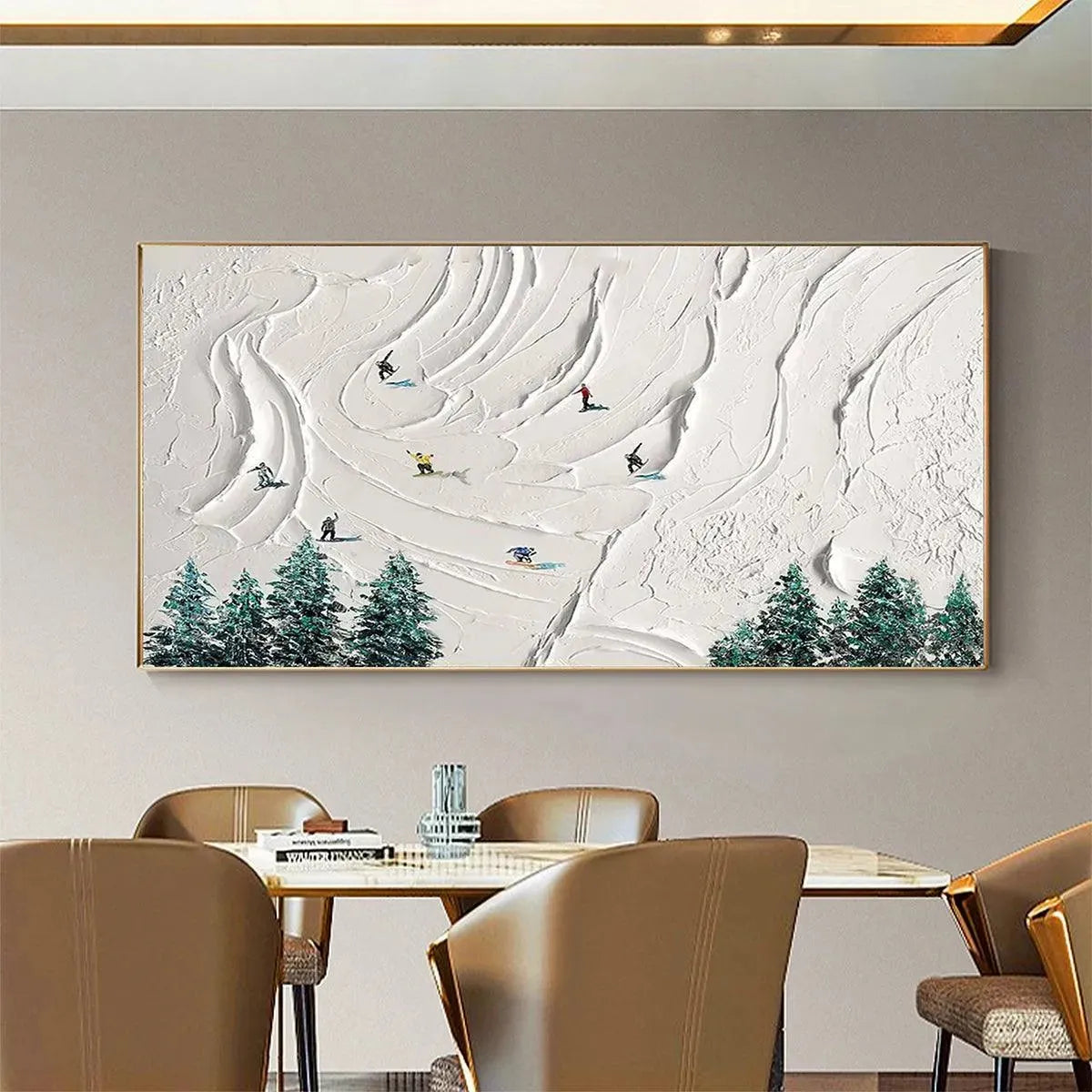 SNOWY PEAKS: Textured Minimalist Winter Landscape Painting with Skiers - Image 2
