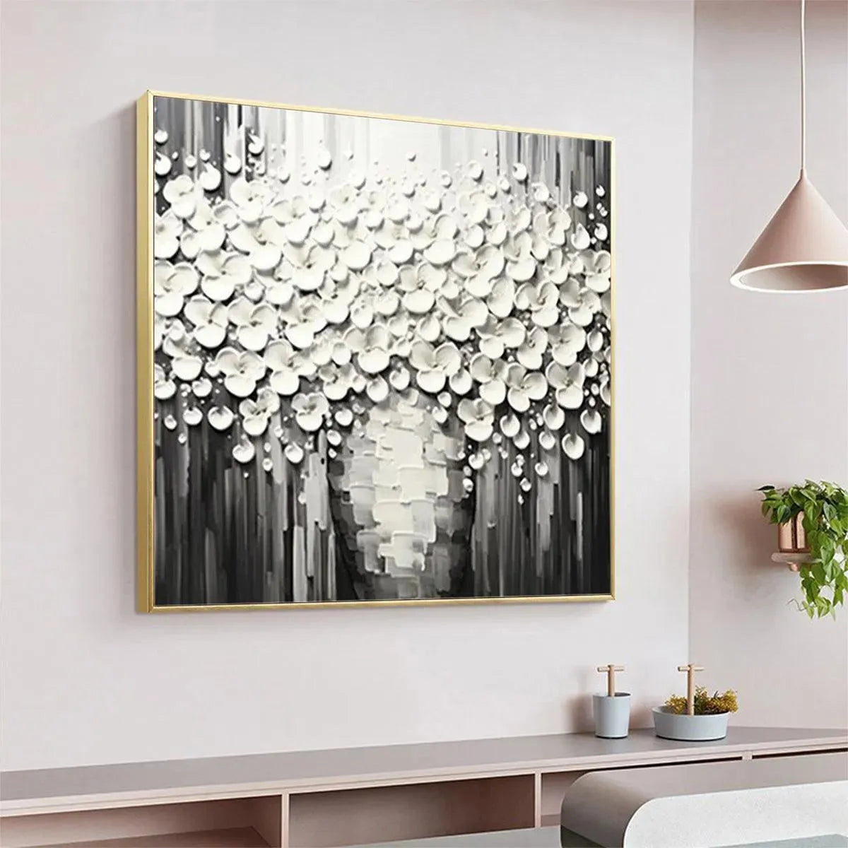 WHITE BOUQUET: Textured White Floral Painting on Grey Background - Image 7