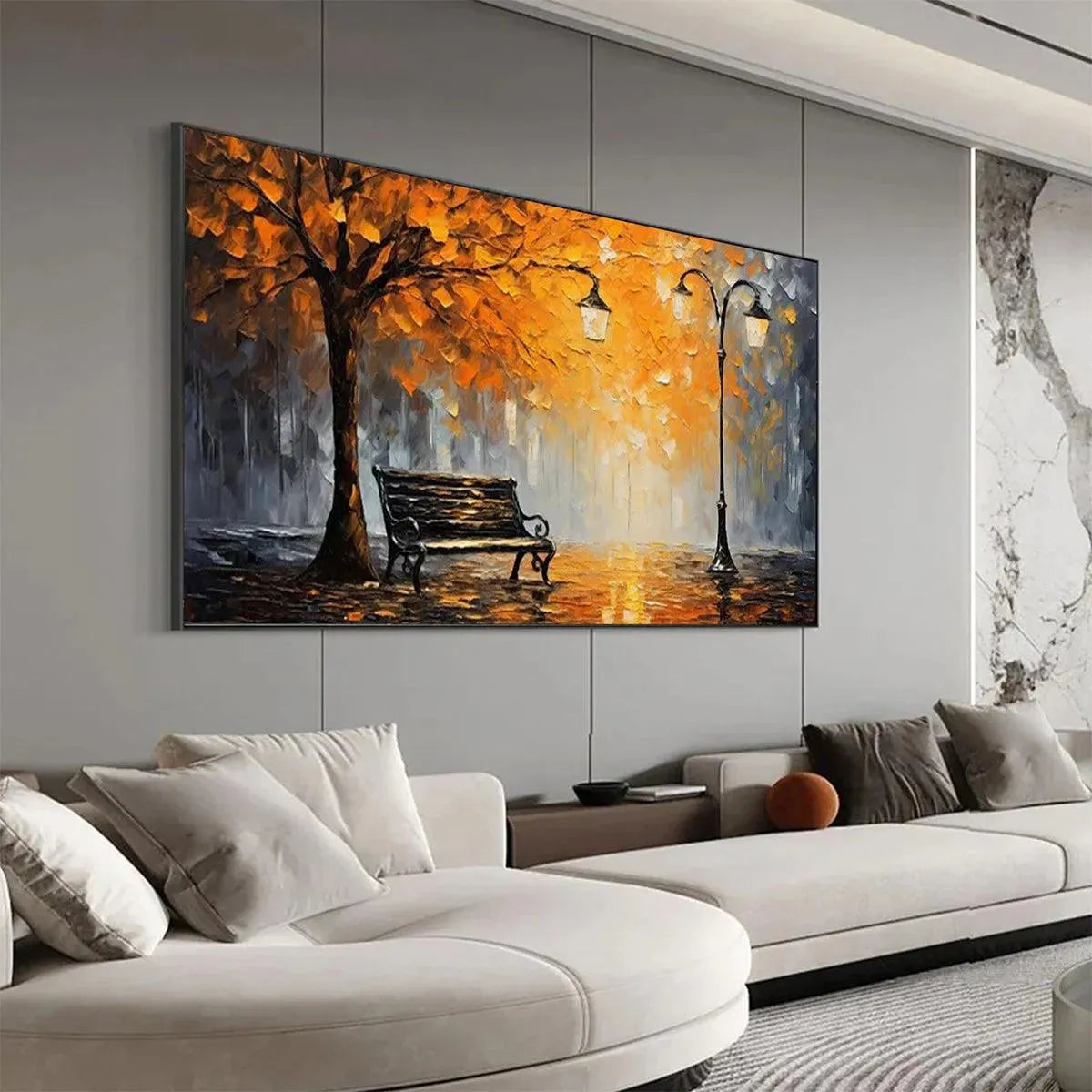 AUTUMN PARK BENCH: Impressionistic Park Painting in Orange and Grey - Image 4