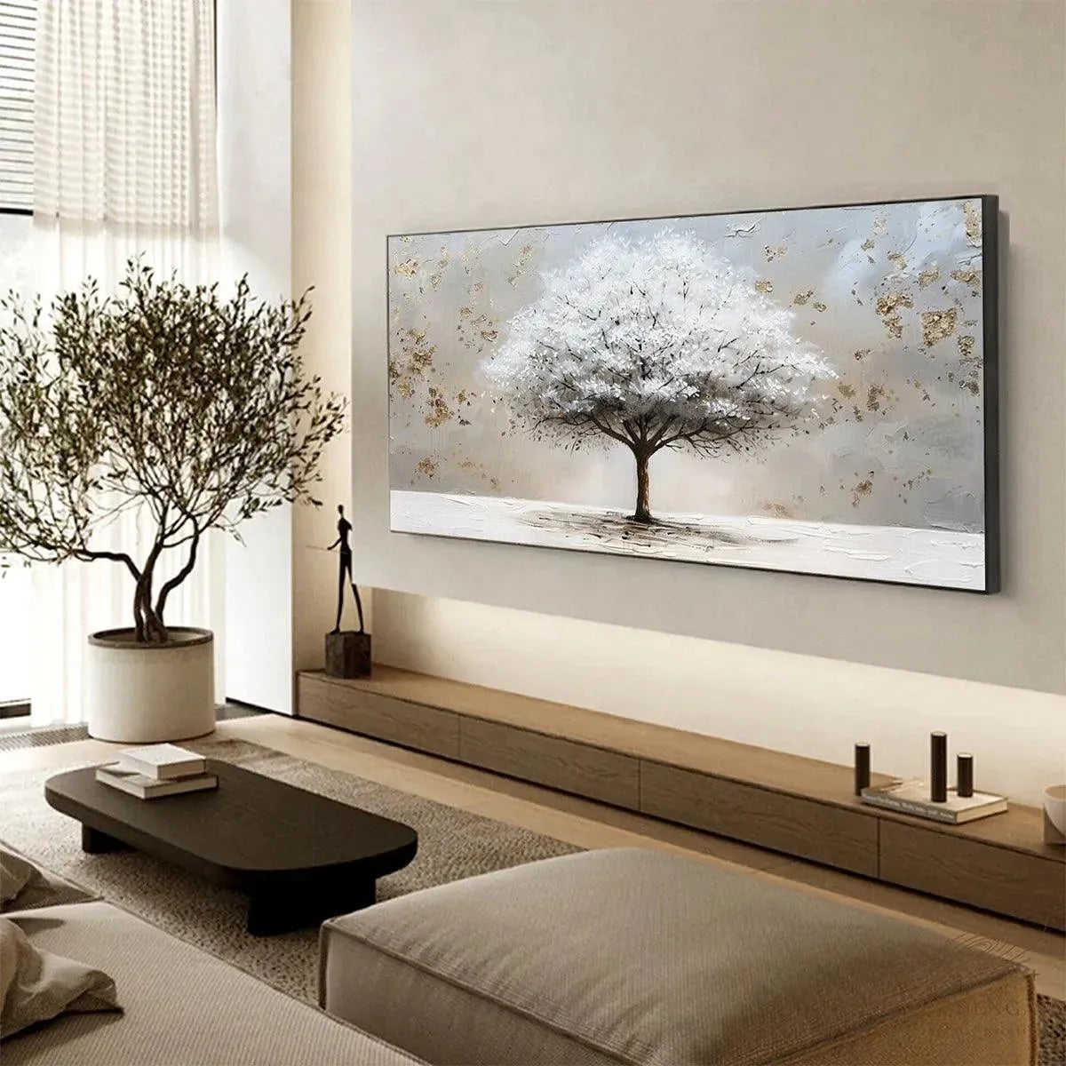 WINTER'S GRACE: Textured White Tree Painting with Gold Accents on Beige - Image 8