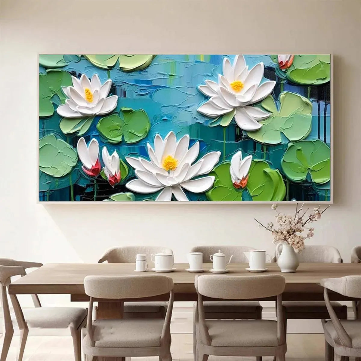 SERENE LOTUS POND: Textured Impasto Water Lilies Painting, Horizontal Wall Art - Image 2