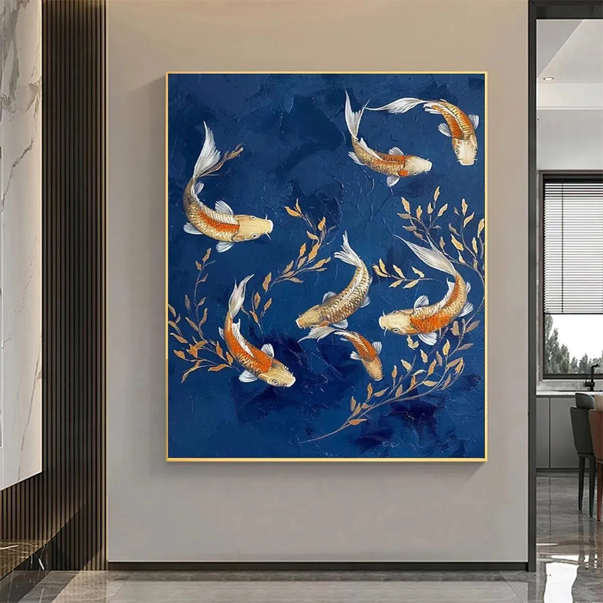 GOLDEN KOI: Vertical Koi Fish Painting on Blue Background - Image 2