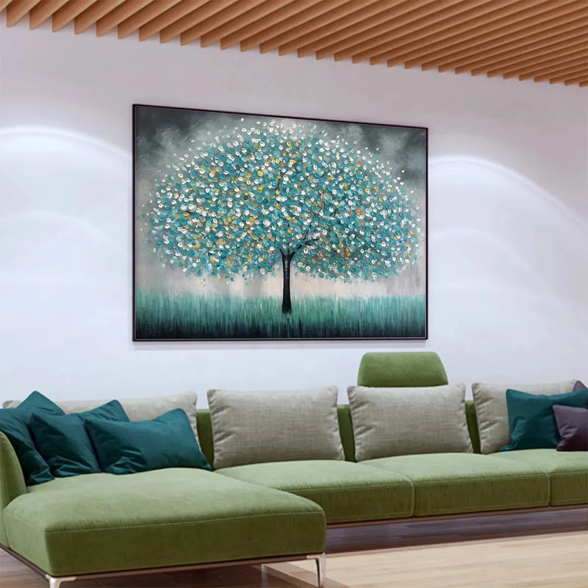 TEAL DREAM: Textured Tree Painting in Teal and Grey, Horizontal Canvas, Modern Wall Art - Image 8