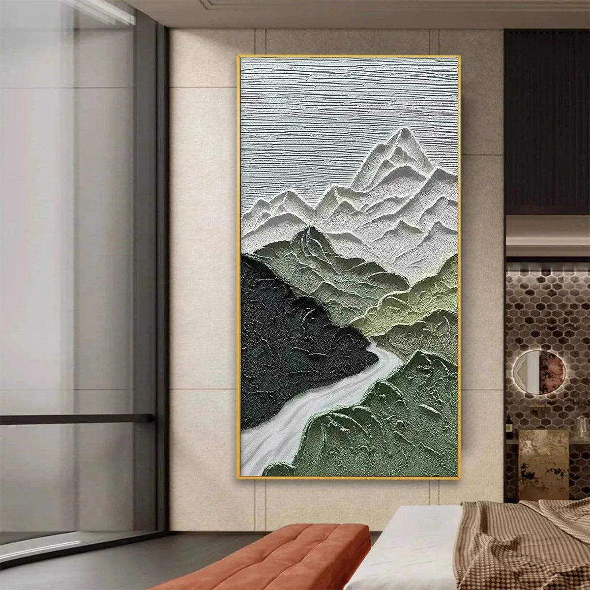 JADE PEAK: Textured Green and White Mountain Landscape Painting - Image 8