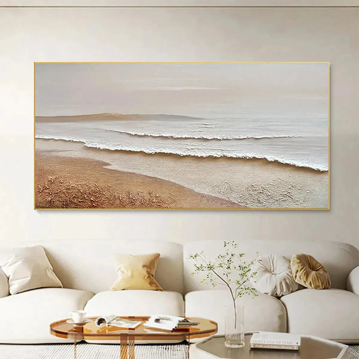 WHISPERING TIDES: Textured Coastal Landscape Painting in Beige and White - Image 2