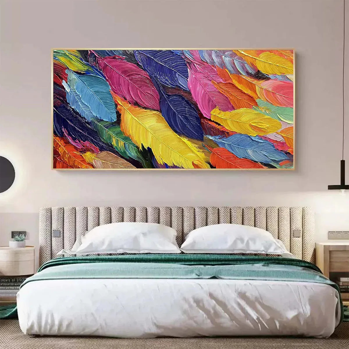 FEATHER DANCE: Horizontal Abstract Painting with Colorful Feathers, Textured Impasto, Modern Wall Art - Image 9