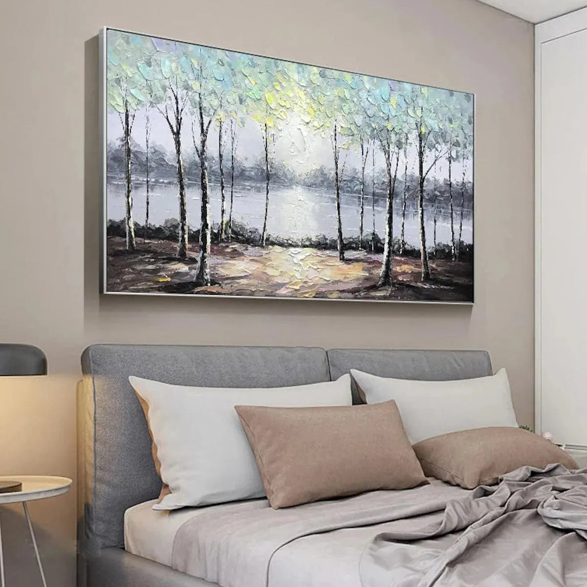 SERENE WATERS: Panoramic Landscape Painting, Textured Trees and Lake - Image 8
