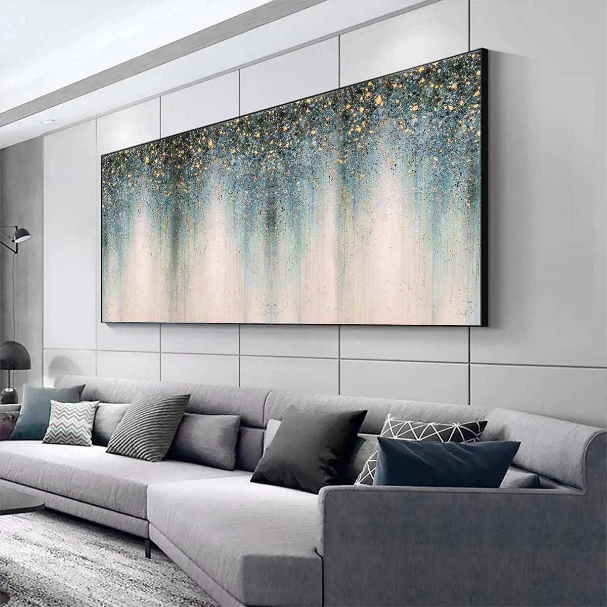 EMERALD RAIN: Panoramic Abstract Oil Painting with Gold and Green - Image 4