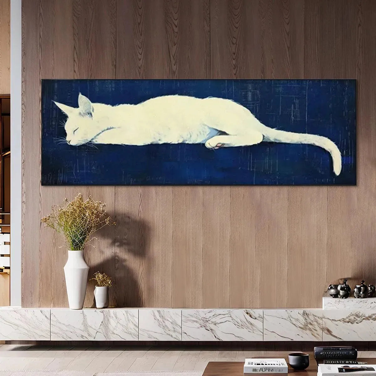 SLEEPING WHITE CAT PANORAMIC: Cat Painting, Panoramic Wall Art, Pet Portrait - Image 4