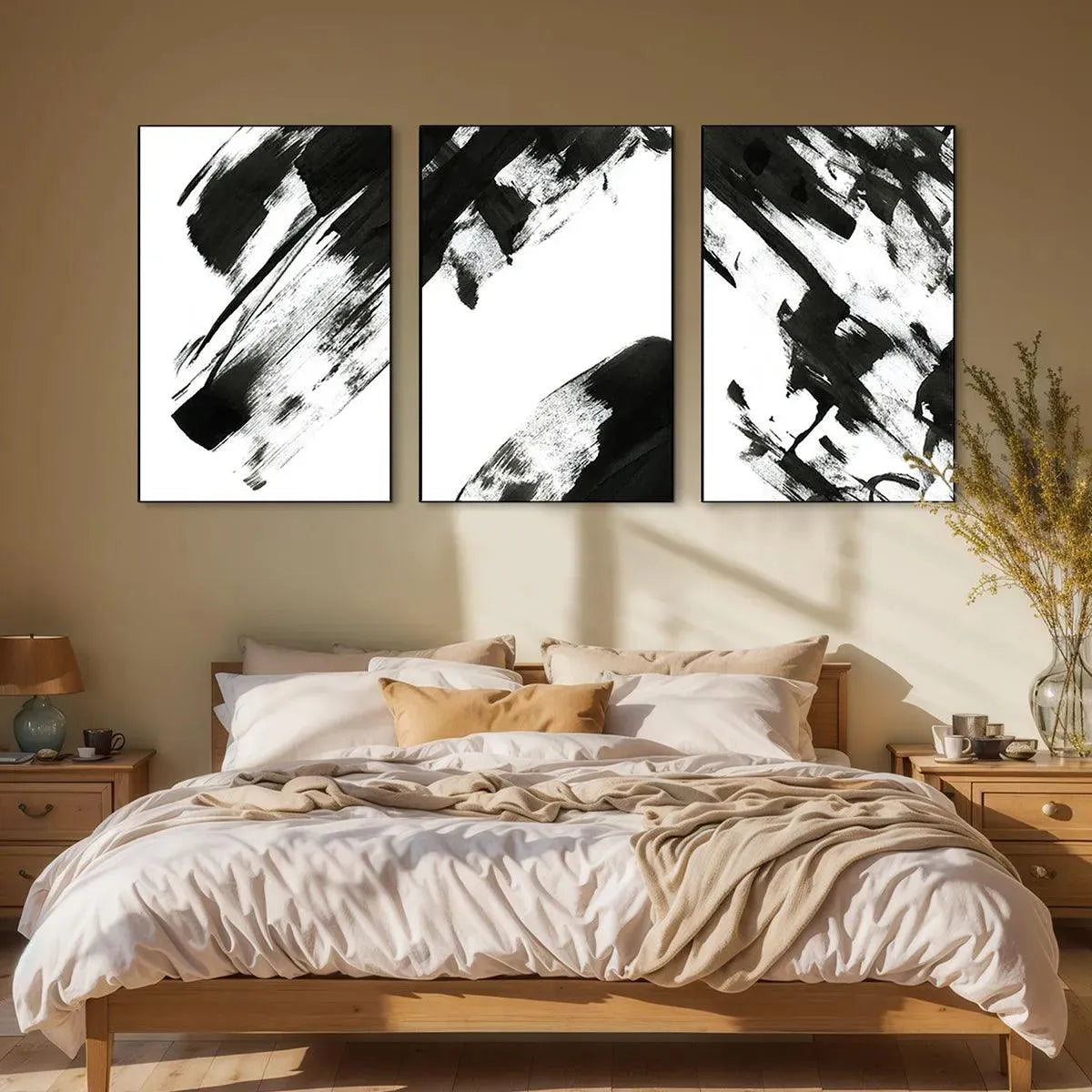 BLACK & WHITE ABSTRACT TRIPTYCH: Abstract Painting Set of 3, Vertical Wall Art - Image 4