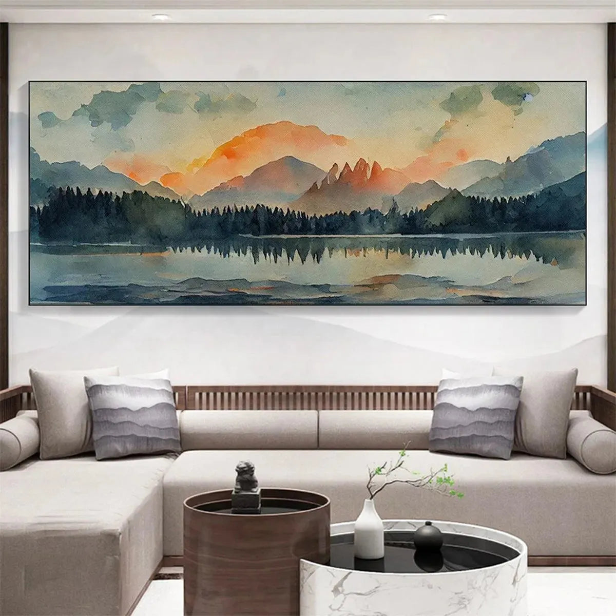 SUNSET SERENITY PANORAMIC: Landscape Painting, Panoramic Wall Art, Watercolor Decor - Image 5