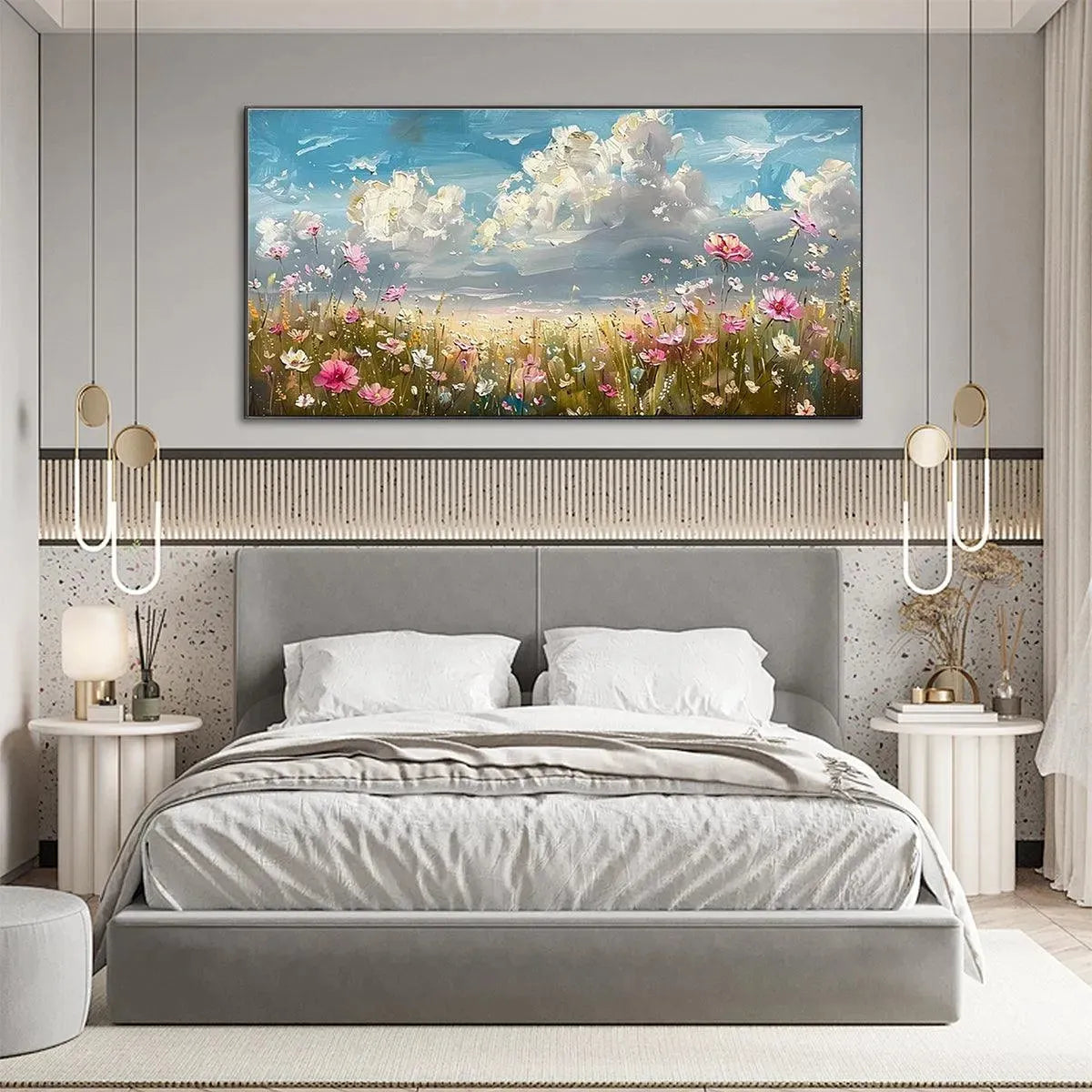 COSMOS FIELD: Textured Floral Landscape Painting, Impasto Wall Art, Horizontal Canvas, Wildflower Decor - Image 5