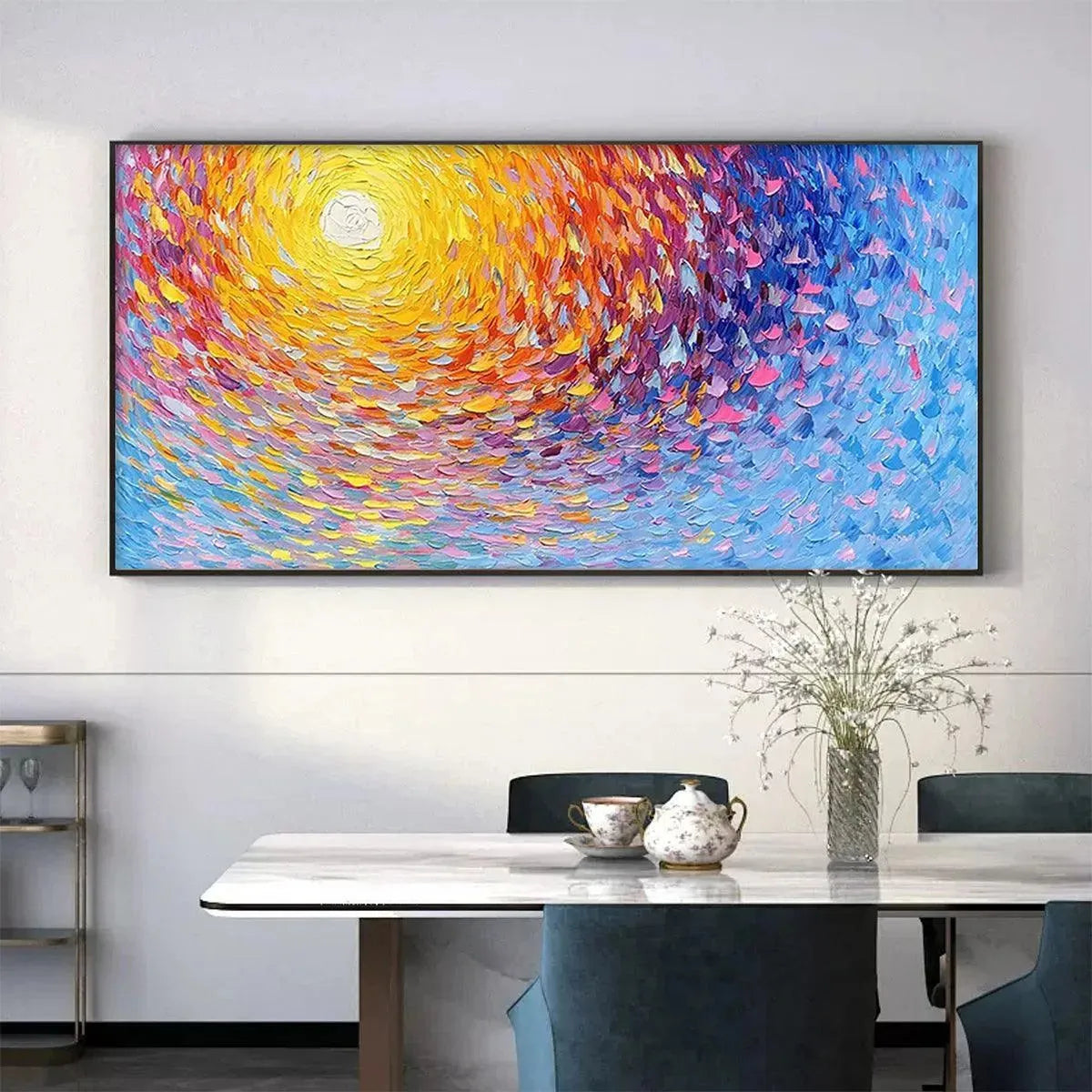 SUNRISE SERENADE: Textured Abstract Sunrise Painting in Yellow and Blue - Image 2