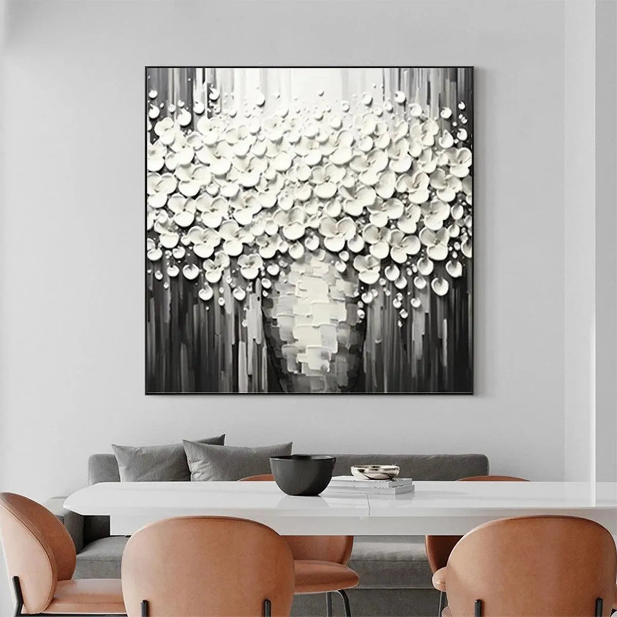 WHITE BOUQUET: Textured White Floral Painting on Grey Background - Image 8