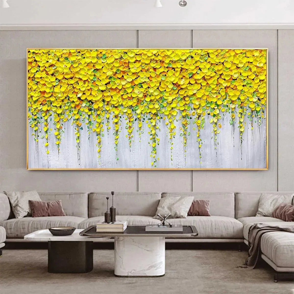 GOLDEN CASCADE: Textured Yellow Floral Painting on Grey Background - Image 2