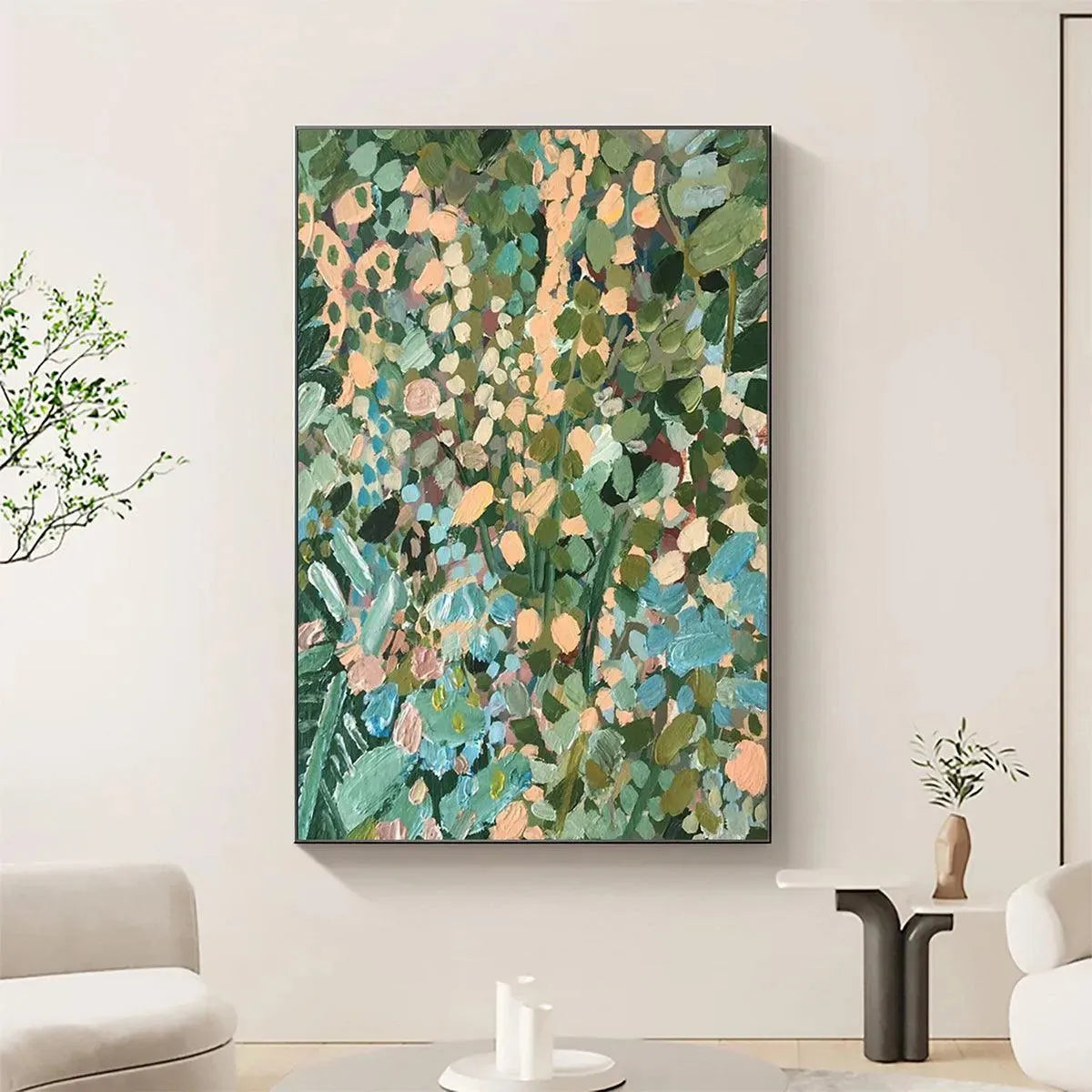 ENCHANTED GARDEN: Vertical Abstract Floral Painting in Green, Blue, and Peach - Image 2