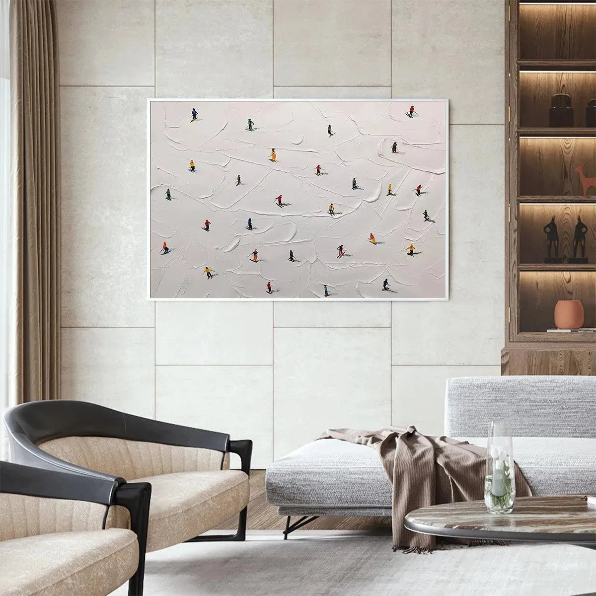 SKI SLOPES: Minimalist Painting of Skiers on a Snowy Slope - Image 8