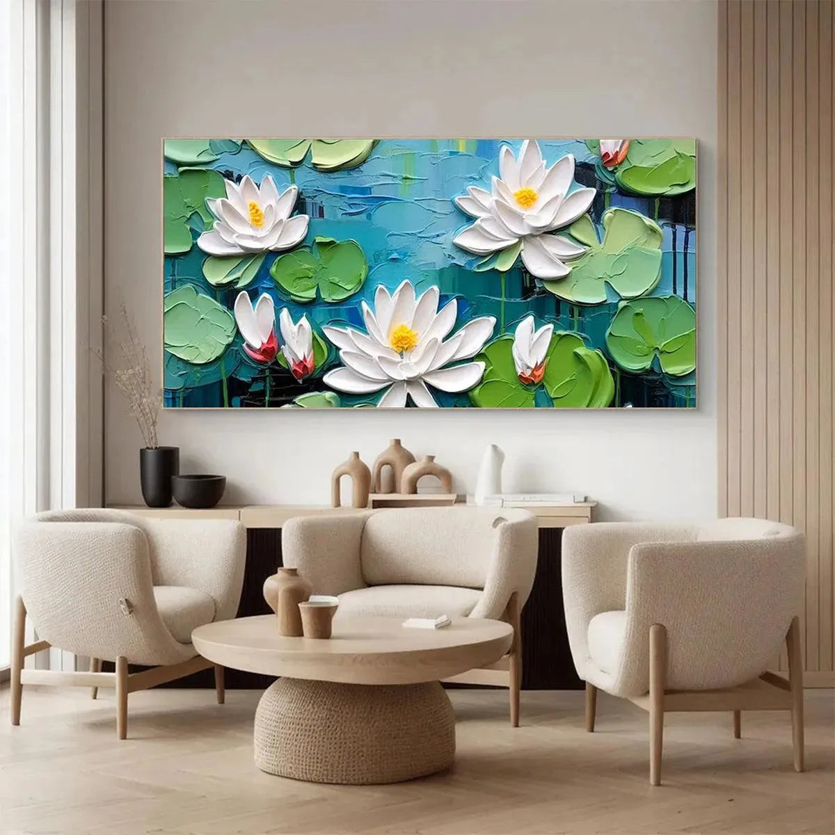 SERENE LOTUS POND: Textured Impasto Water Lilies Painting, Horizontal Wall Art - Image 4