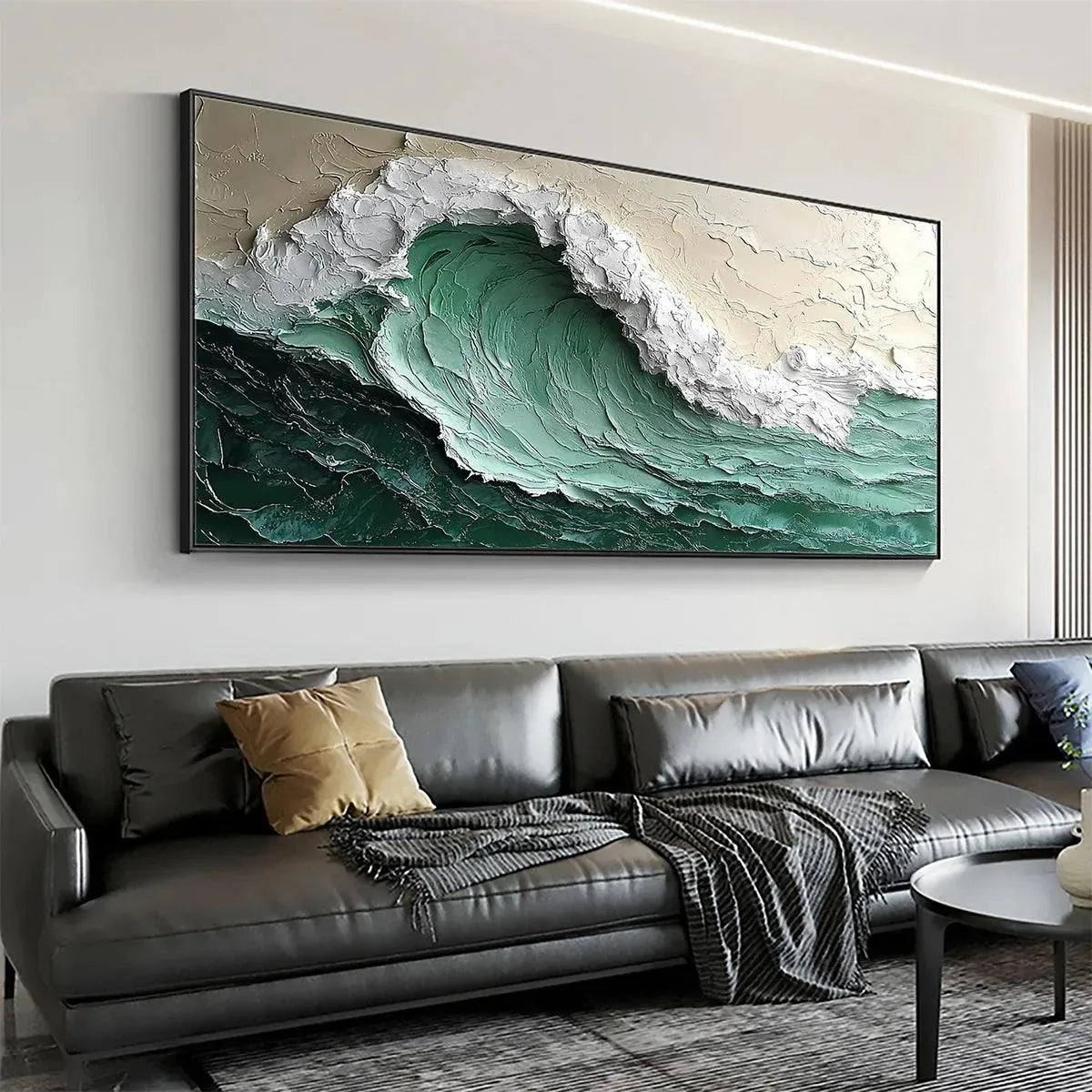 EMERALD CREST: Textured Green Wave Impasto Oil Painting - Image 5