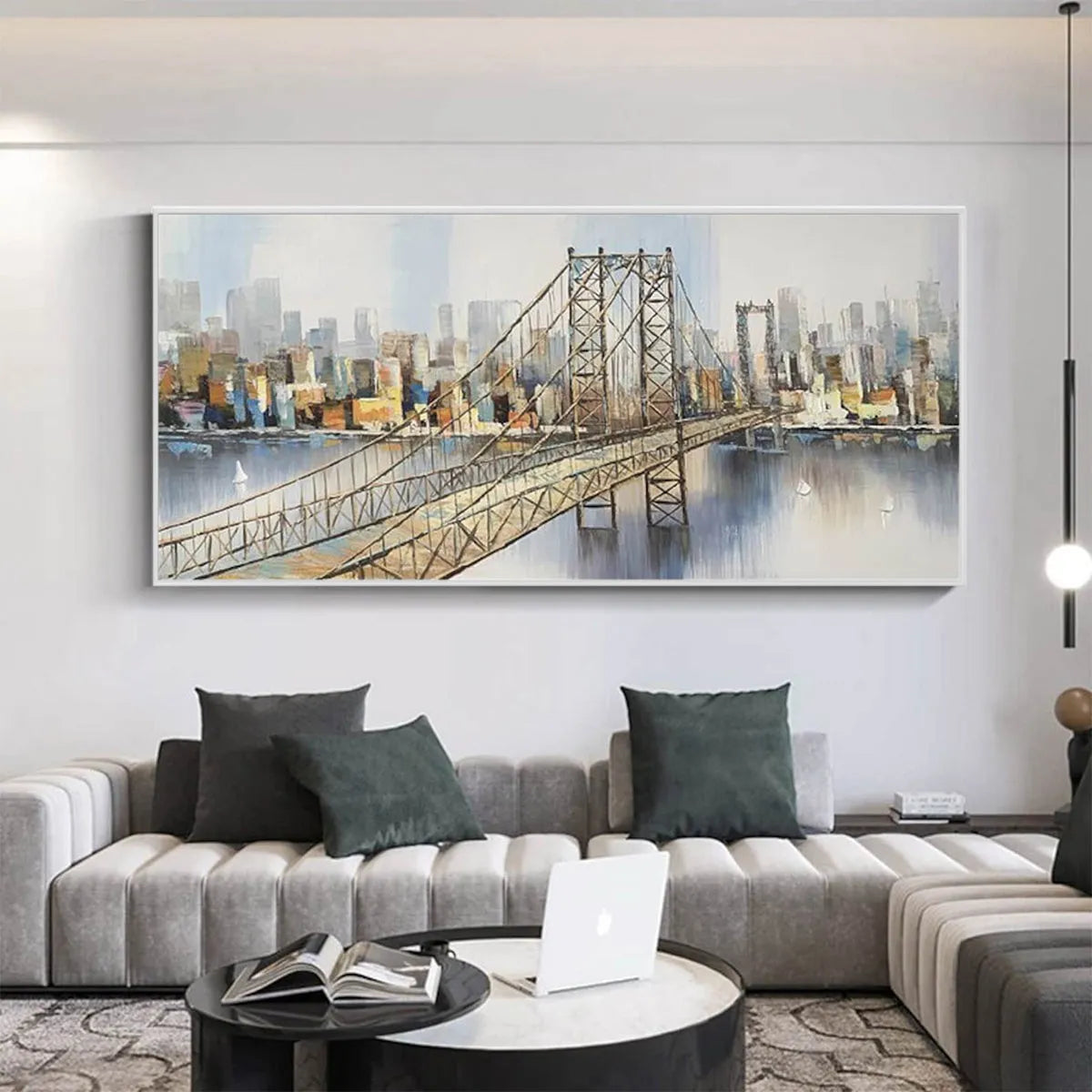 URBAN CONNECTIVITY: Panoramic Cityscape Oil Painting with Bridge - Image 2