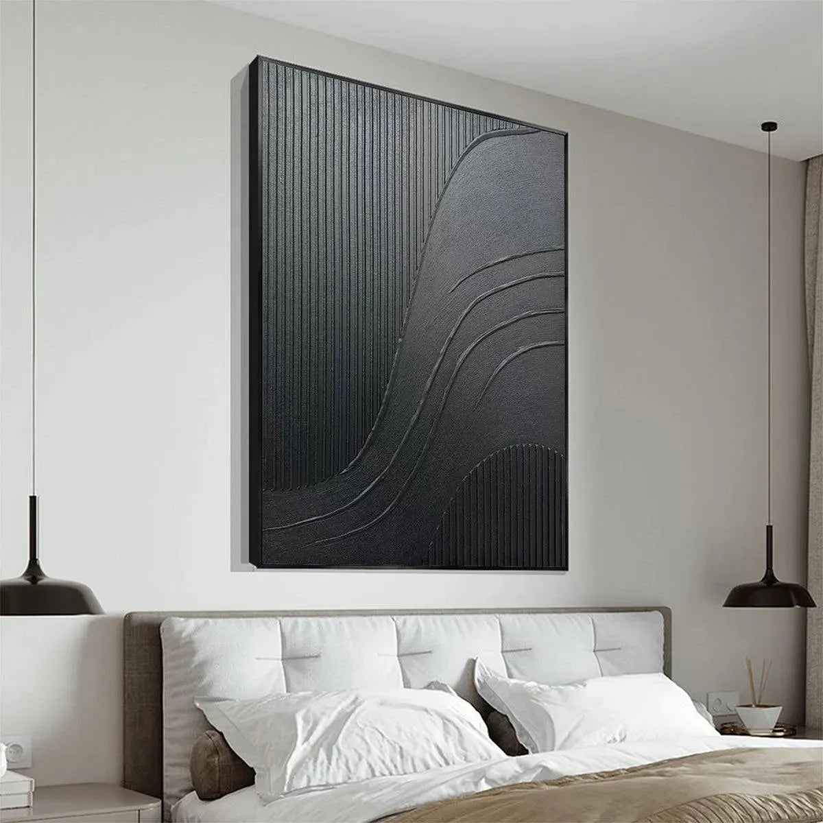 BLACK TEXTURED CURVES: Minimalist Textured Abstract Painting - Image 3