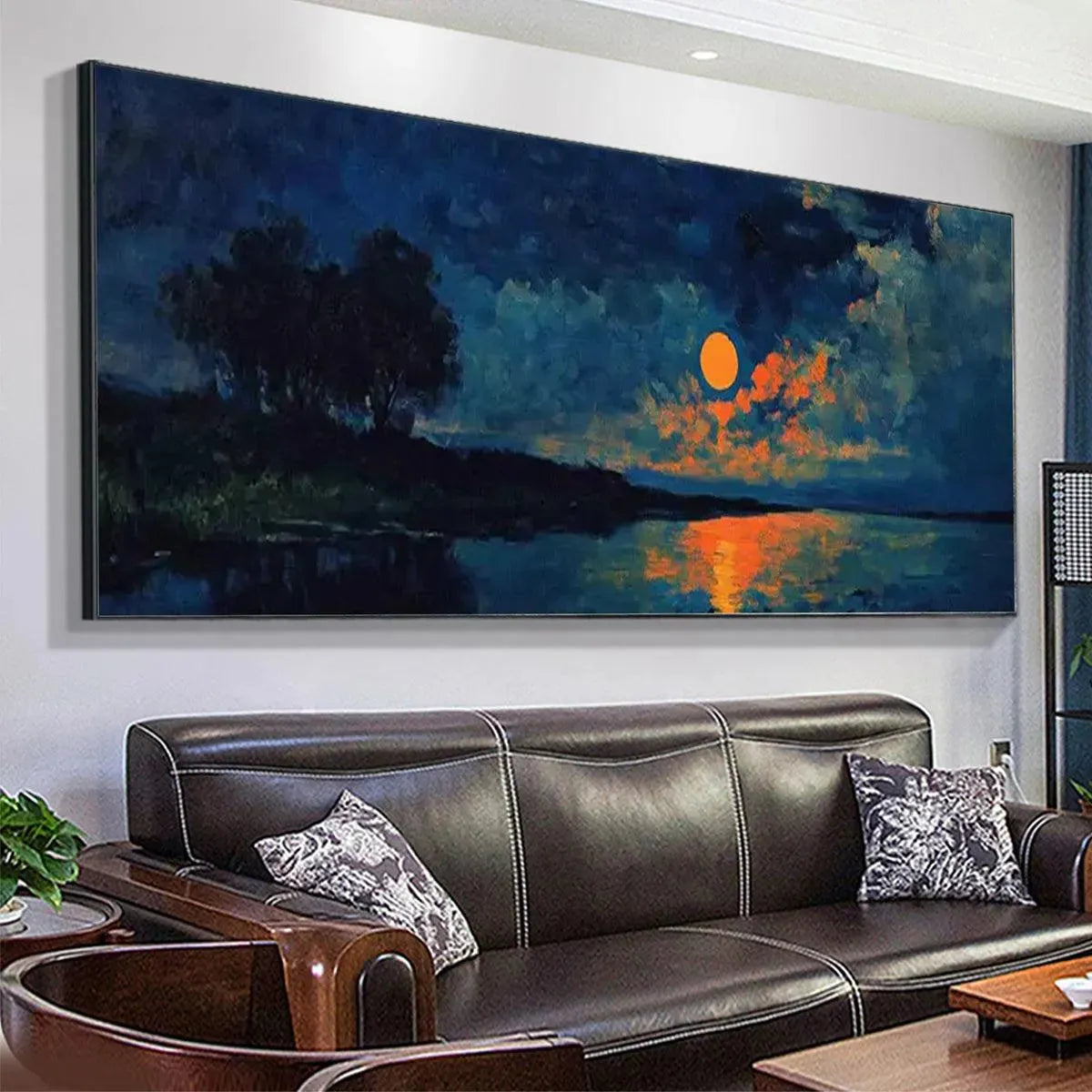 HARVEST MOON OVER THE LAKE PANORAMIC: Landscape Painting, Panoramic Wall Art, Moonlit Lake Decor - Image 5