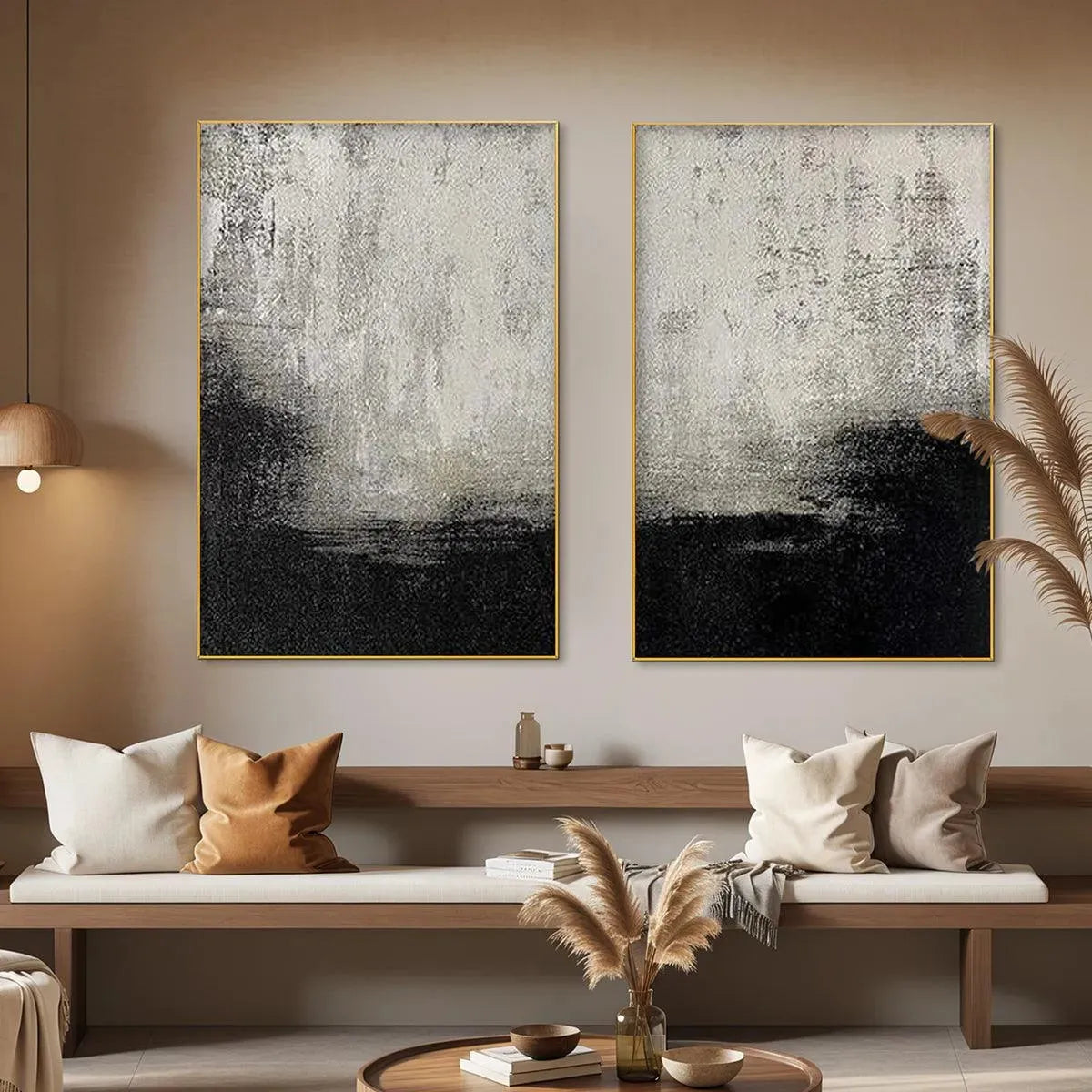 BLACK & WHITE ABSTRACT DIPTYCH: Textured Abstract Painting Set of 2, Vertical Wall Art - Image 2