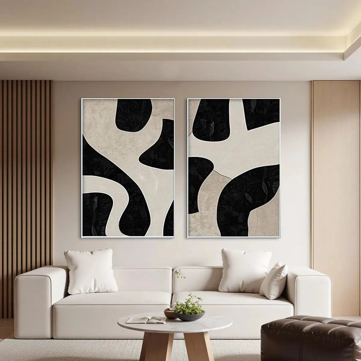 BLACK & BEIGE ABSTRACT DIPTYCH: Abstract Painting Set of 2, Vertical Wall Art - Image 2