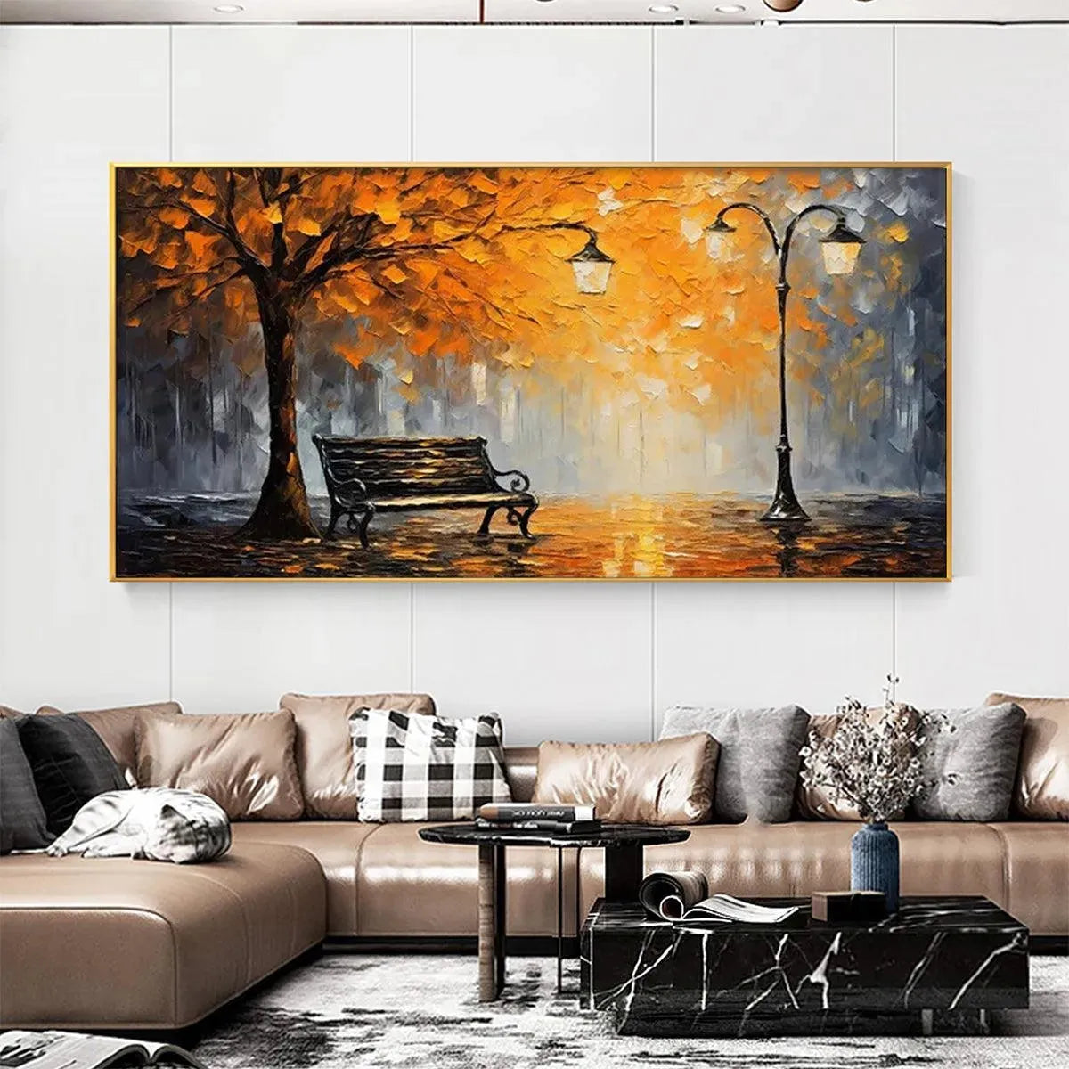 AUTUMN PARK BENCH: Impressionistic Park Painting in Orange and Grey - Image 7