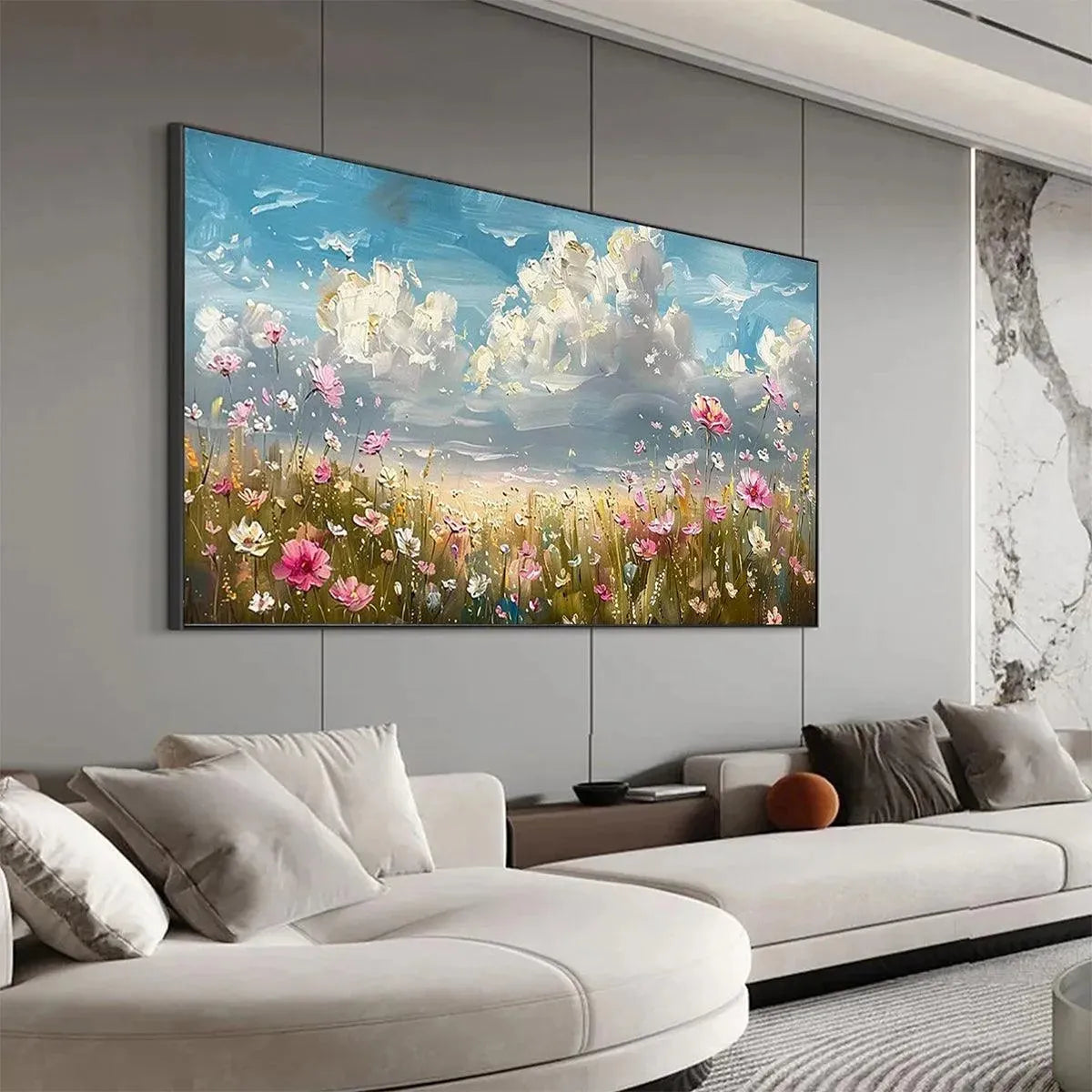 COSMOS FIELD: Textured Floral Landscape Painting, Impasto Wall Art, Horizontal Canvas, Wildflower Decor - Image 6