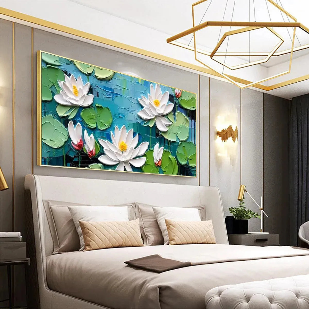 SERENE LOTUS POND: Textured Impasto Water Lilies Painting, Horizontal Wall Art - Image 5