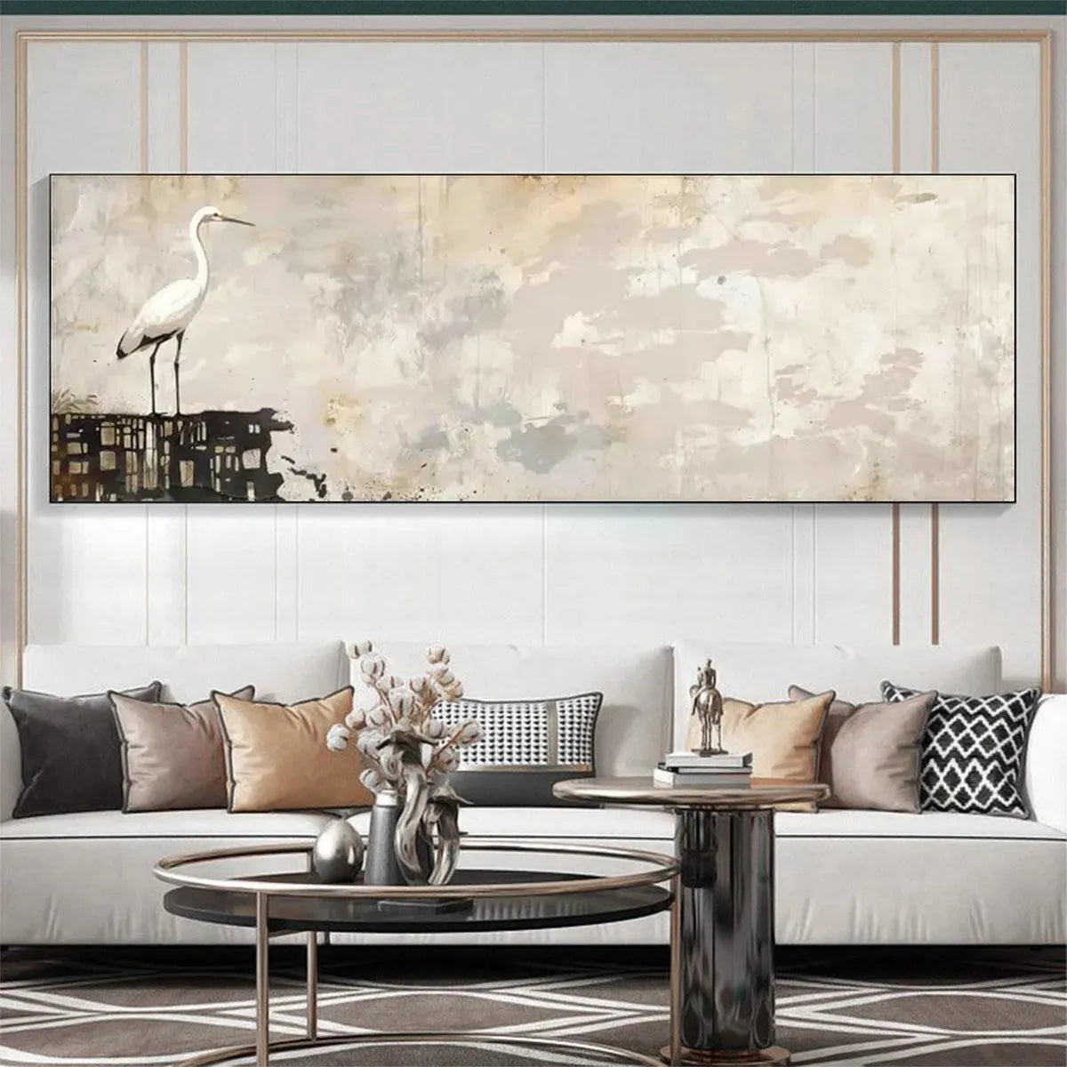 WHITE HERON PANORAMIC: Heron Painting, Panoramic Wall Art, Bird Art - Image 8