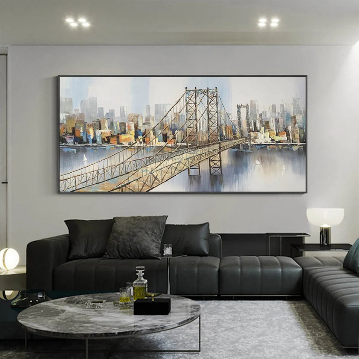 URBAN CONNECTIVITY: Panoramic Cityscape Oil Painting with Bridge - Image 4