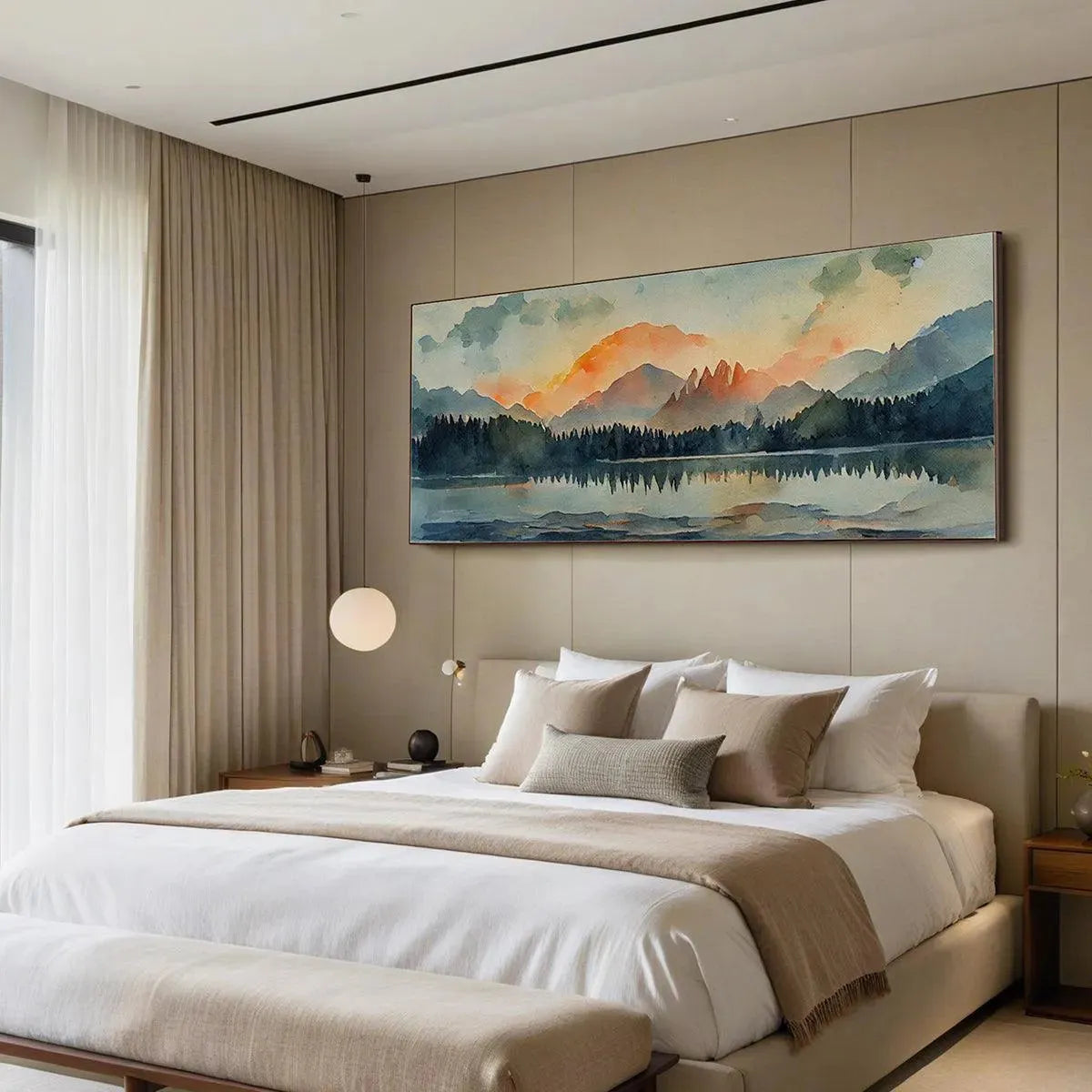 SUNSET SERENITY PANORAMIC: Landscape Painting, Panoramic Wall Art, Watercolor Decor - Image 9