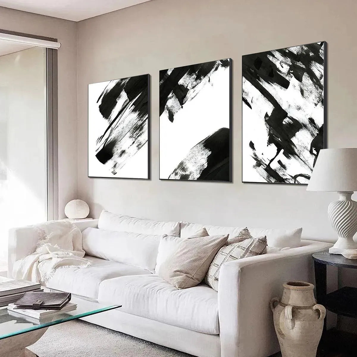 BLACK & WHITE ABSTRACT TRIPTYCH: Abstract Painting Set of 3, Vertical Wall Art - Image 6