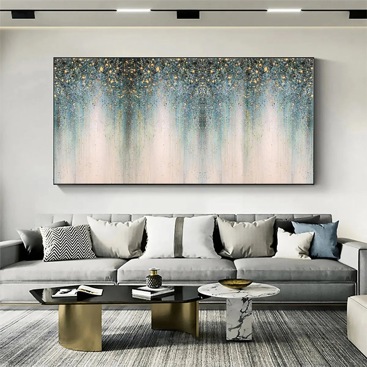 EMERALD RAIN: Panoramic Abstract Oil Painting with Gold and Green - Image 7