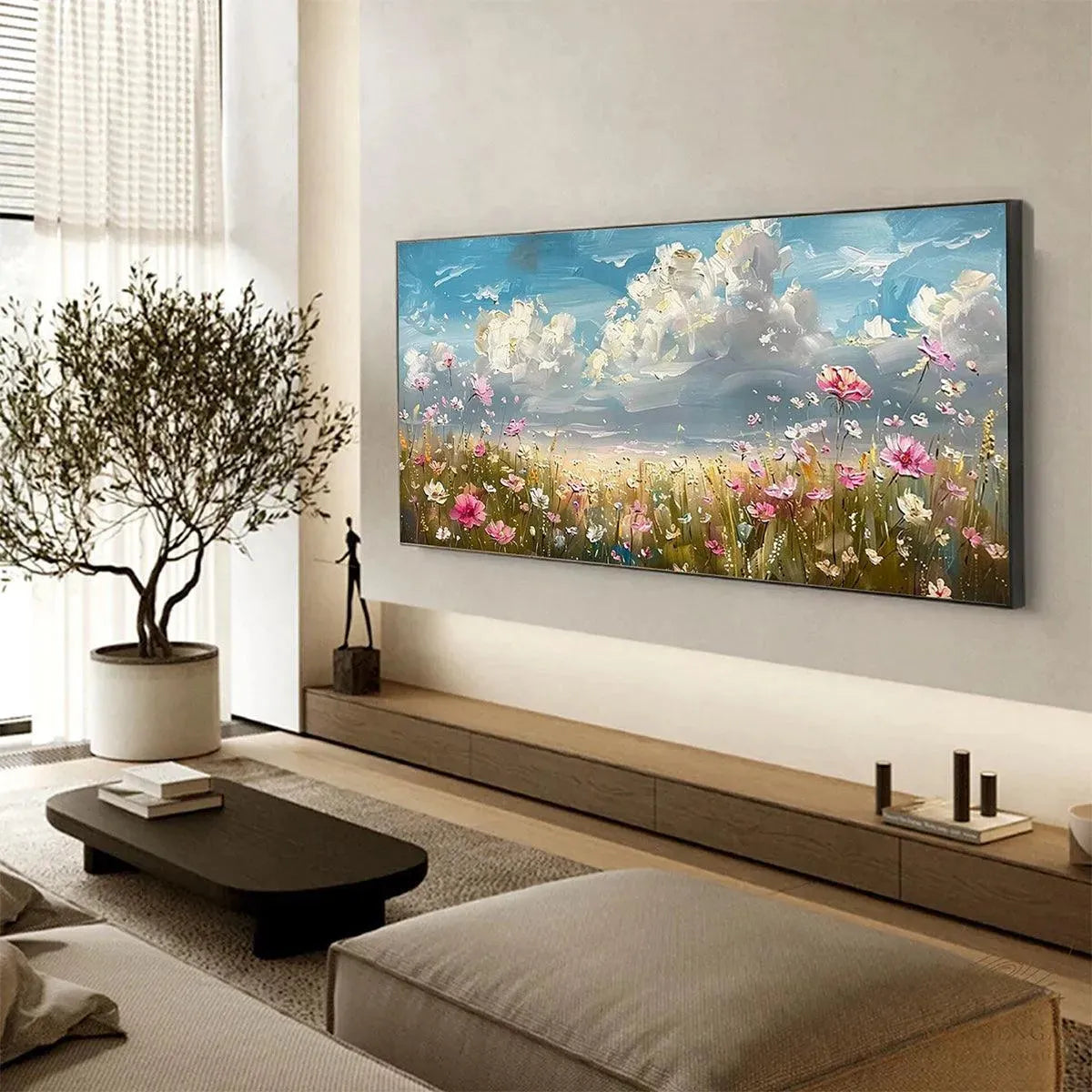 COSMOS FIELD: Textured Floral Landscape Painting, Impasto Wall Art, Horizontal Canvas, Wildflower Decor - Image 8