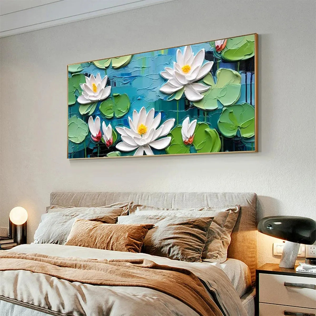 SERENE LOTUS POND: Textured Impasto Water Lilies Painting, Horizontal Wall Art - Image 7