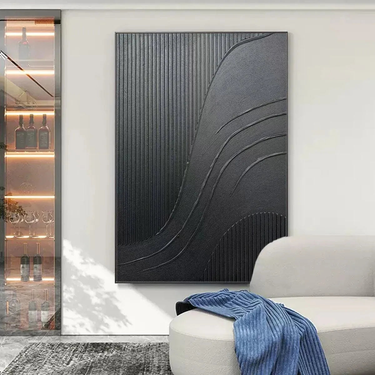 BLACK TEXTURED CURVES: Minimalist Textured Abstract Painting - Image 8