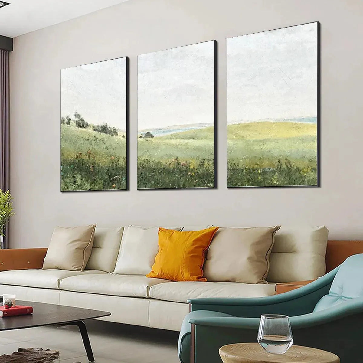 GREEN FIELD TRIPTYCH: Minimalist Landscape Painting Set of 3 - Image 4