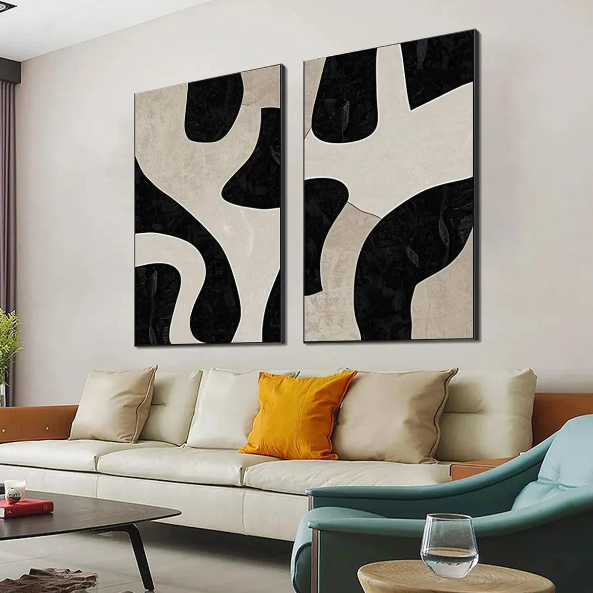 BLACK & BEIGE ABSTRACT DIPTYCH: Abstract Painting Set of 2, Vertical Wall Art - Image 4