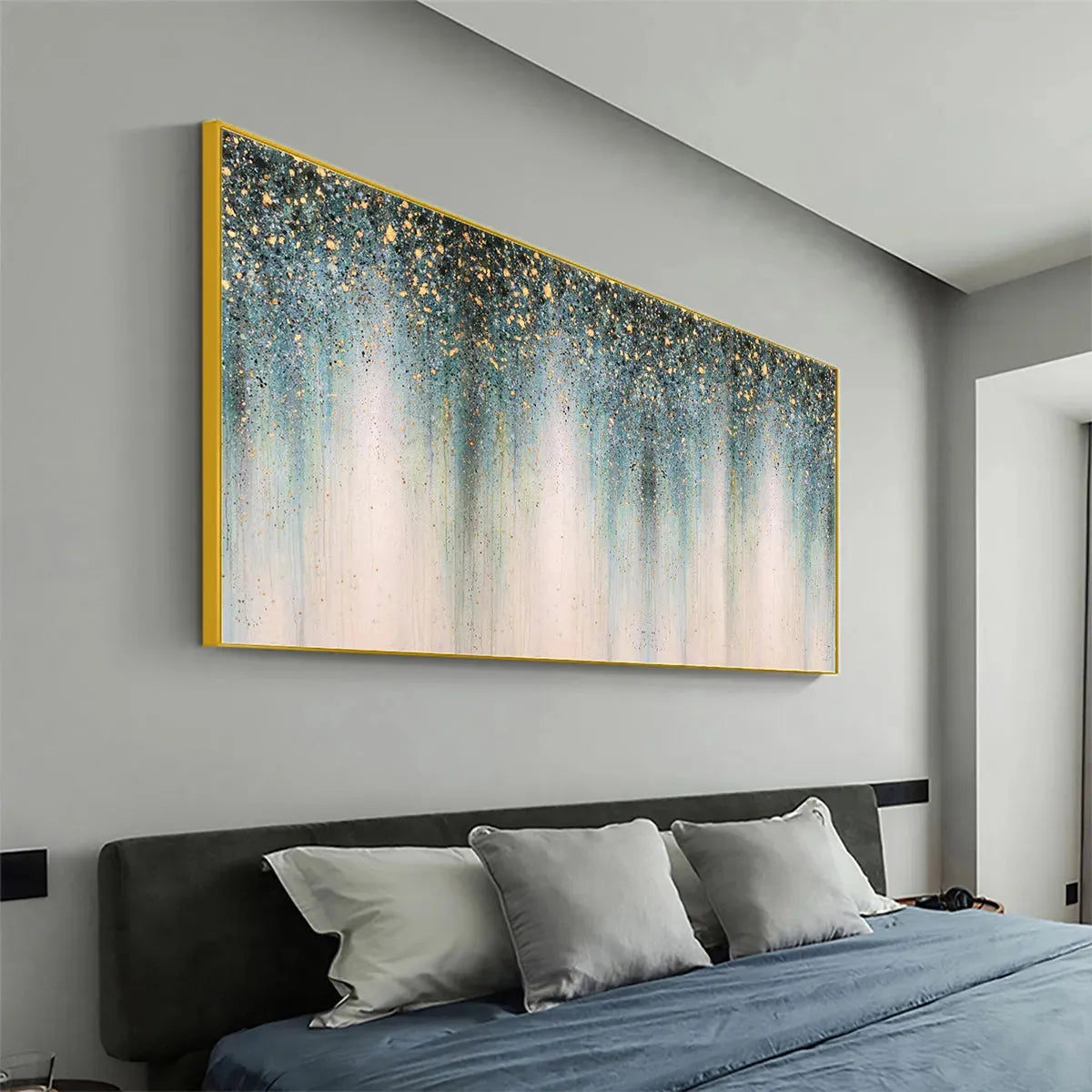 EMERALD RAIN: Panoramic Abstract Oil Painting with Gold and Green - Image 8