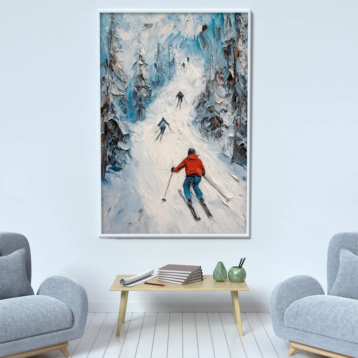 FIRST RUN: Textured Impasto Skiing Painting on Vertical Canvas - Image 5