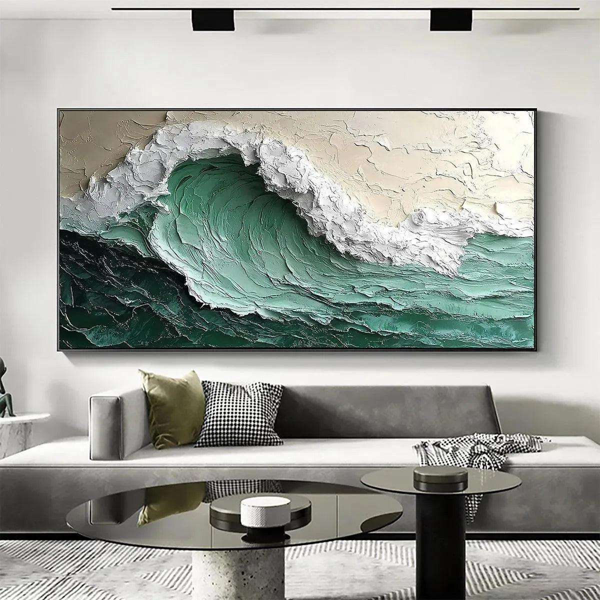 EMERALD CREST: Textured Green Wave Impasto Oil Painting - Image 8
