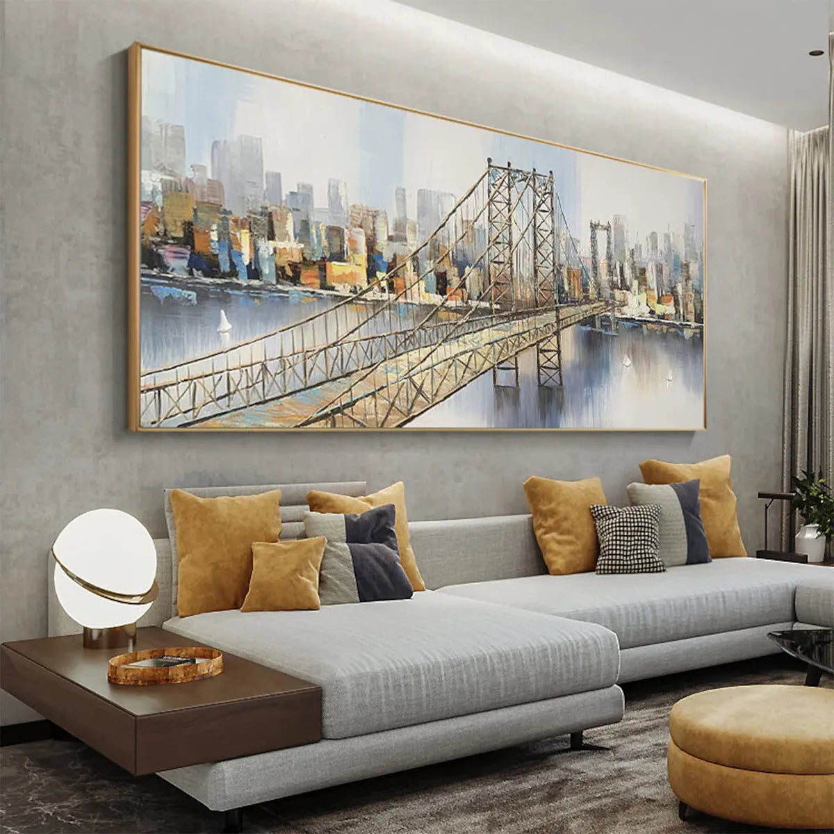 URBAN CONNECTIVITY: Panoramic Cityscape Oil Painting with Bridge - Image 7