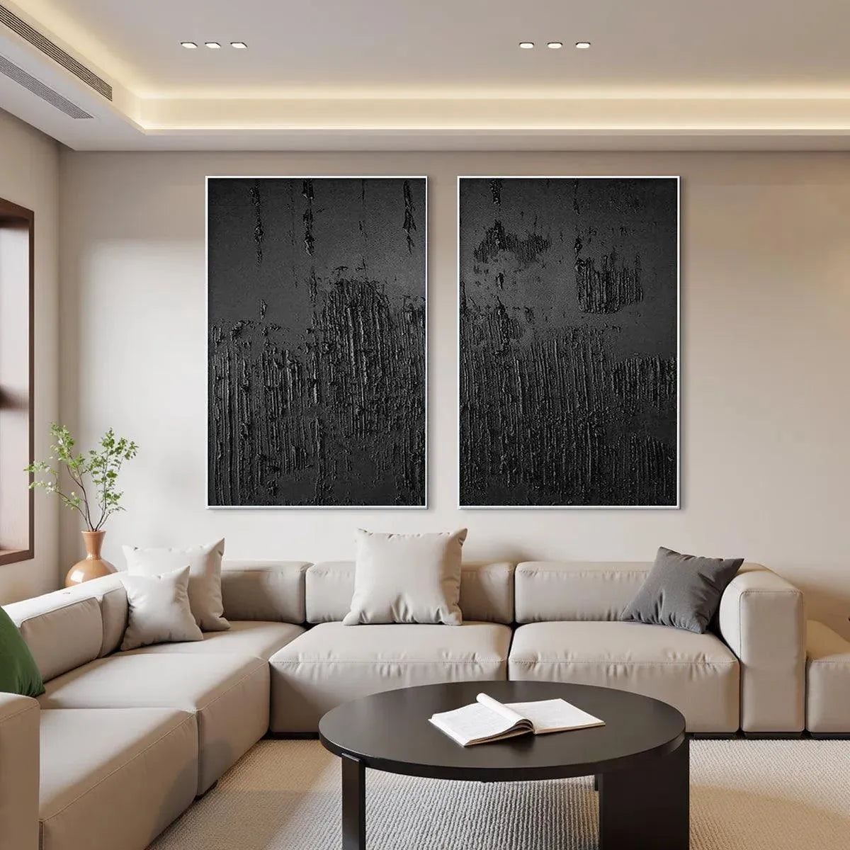 BLACK TEXTURED DIPTYCH: Textured Abstract Painting Set of 2, Vertical Wall Art - Image 6